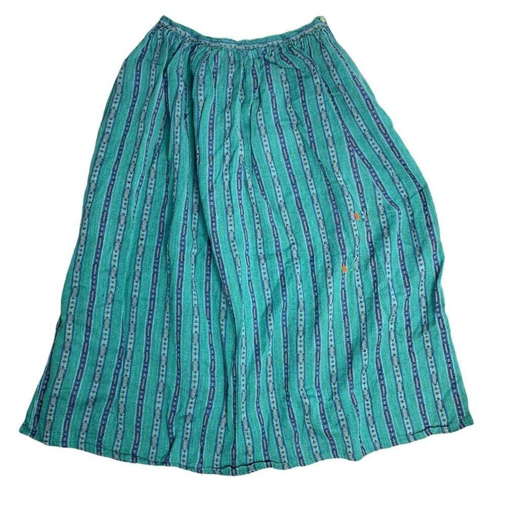 Vintage Boho Gathered Midi Skirt S Green Stipes Button Zip Pockets Broomstick